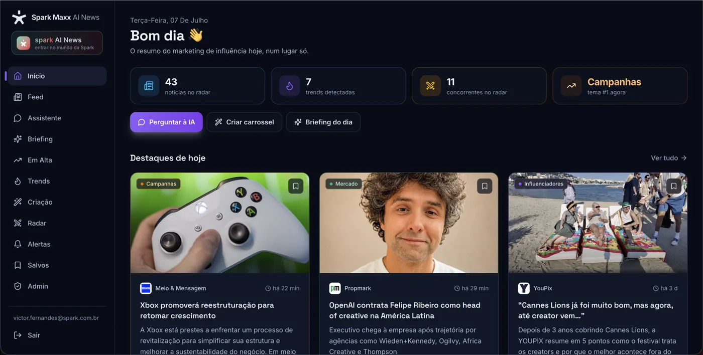 Tela inicial do Spark AI News